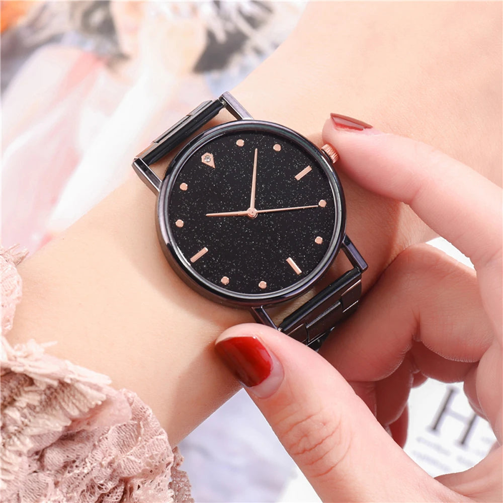 Black Women Watch 2024 Top Brand Luxury  Starry Sky Lady Stainless Steel Band Analog Quartz WristWatch for Dropship