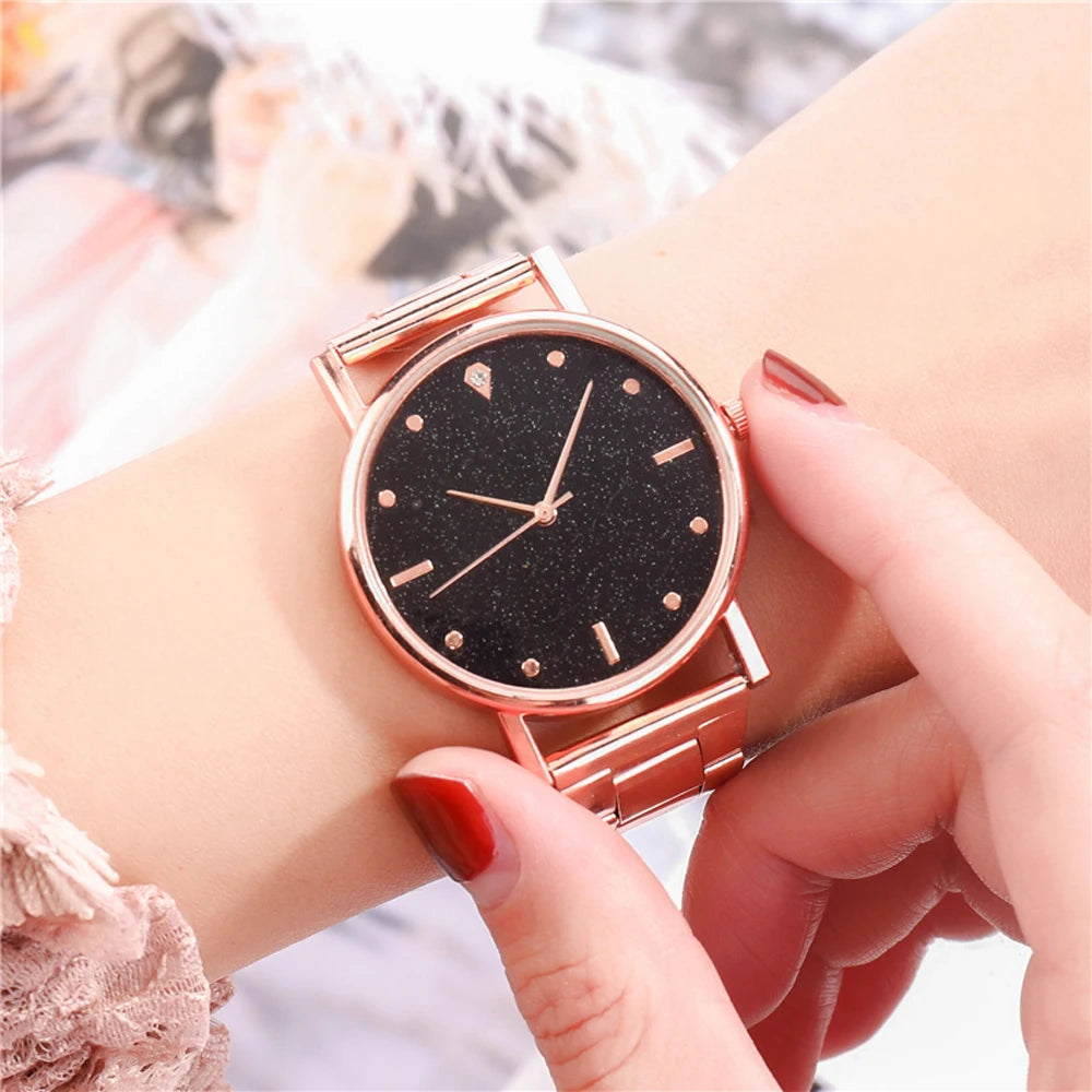 Black Women Watch 2024 Top Brand Luxury  Starry Sky Lady Stainless Steel Band Analog Quartz WristWatch for Dropship